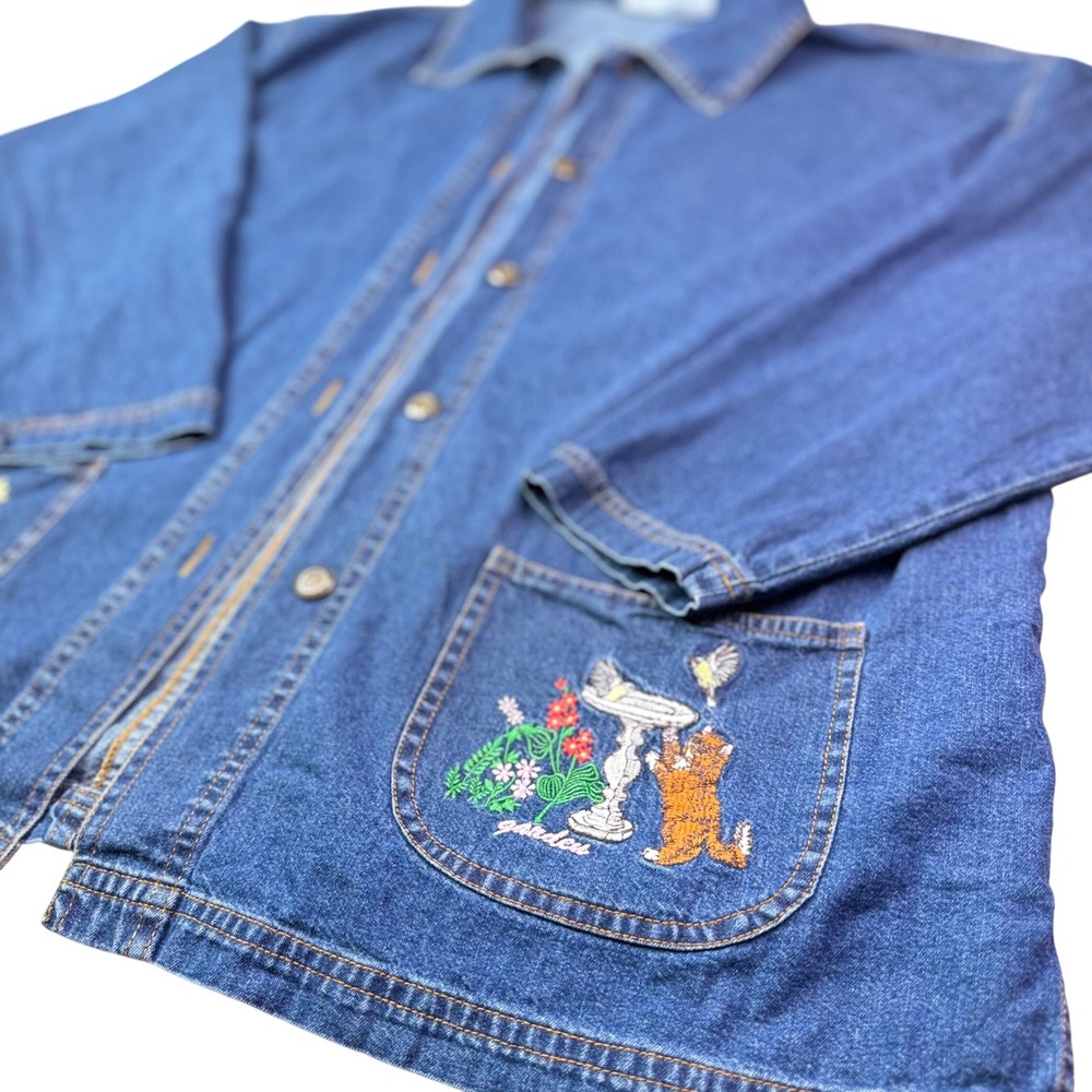 VTG Denim Cat Chore Jacket Women XLG Blue Embroidered Garden Cottagecore grandma
